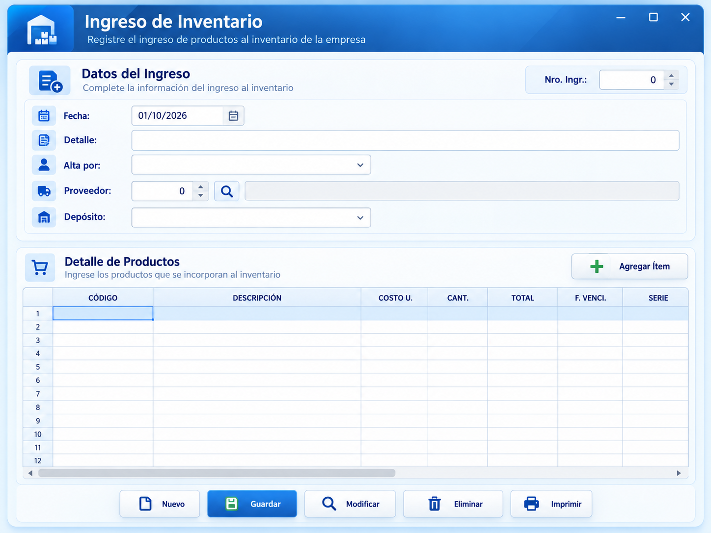 Vista del sistema de almacenes e ingreso de inventario