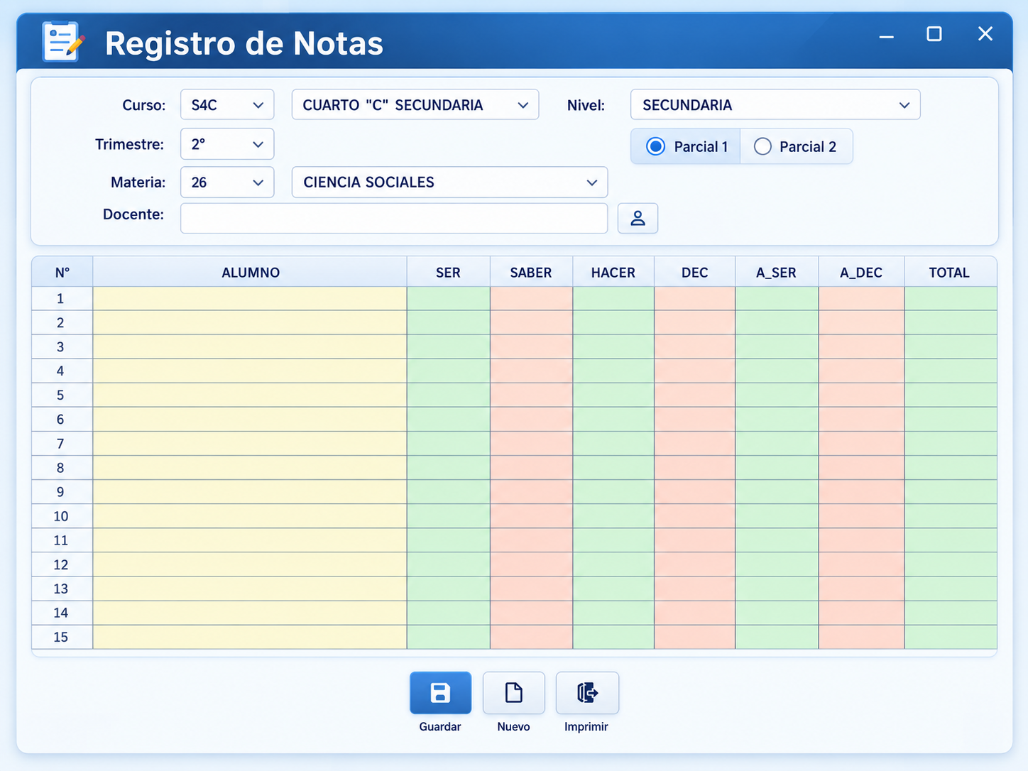 Pantalla del módulo académico de registro de notas