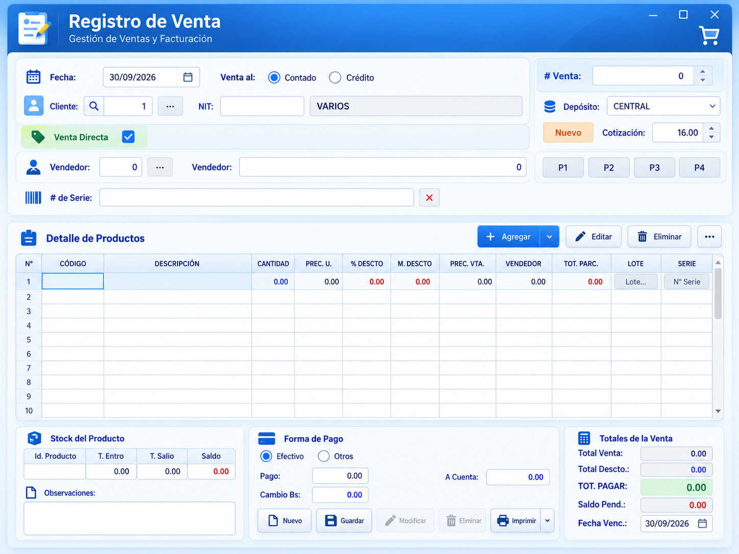 Vista modernizada del módulo de registro de venta
